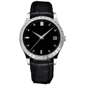 Reloj de Lujo para Hombre de Acero Inoxidable con Correa de Cuero Negra y Bisel de Diamantes, Esfera Redonda de 38 mm con Visualización de Fecha - Product Image 1