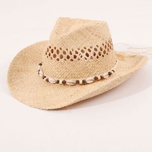 New Summer Sun <b>Hat</b> Handmade Raffia Straw Cowboy <b>Hat</b> Hollow Design Casual Beach <b>Hats</b> With Shells Decoration - Product Image 3