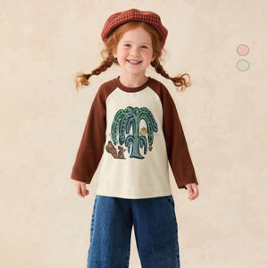 <span class=keywords><strong>Maglietta</strong></span> a Maniche Lunghe Personalizzabile per Ragazze con Stampa Colorata di Animali della Foresta, Maniche Raglan, Rosa e <span class=keywords><strong>Nera</strong></span>, Top Casual - Product Image 1