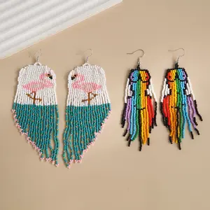 Creative Bohemian Beaded Coconut Tree Print Earrings Colorful Rainbow Pattern Rice Bead Tassel Earrings For Beach