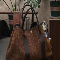 Sac fourre-tout rétro en lin et coton à chevrons, grande capacité, sac à bandoulière décontracté avec garniture en cuir, sac à main de style urbain pour tous les jours
