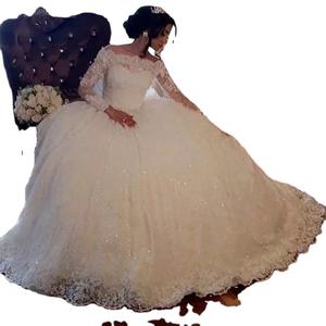 Abito da sposa con paillettes e Glitter bianco squisito con scollo a barca a maniche lunghe abito da ballo con Tulle applicato in pizzo per le spose - Product Image 5