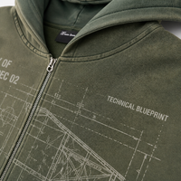 Sweat à capuche zippé RAMAX Heavyweight vert imprimé Blueprint, délavé à l'acide, style vintage grunge Y2K, streetwear homme, coupe ample, personnalisable en gros