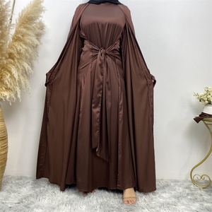 1925# Two Pieces Abaya Set Chic Lace up Waist Long Inner Dress and Ruffle Sleeves Cardigan Satin Material Eid Women Abaya - Product Image 5
