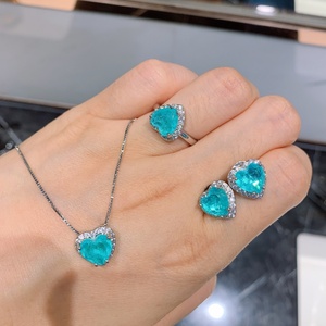 High Quality Eco-friendly Copper 9*9MM Heart Cut Paraiba Cubic Zirconia Ring and Earrings Set of Jewelry for Ladies - Product Image 1
