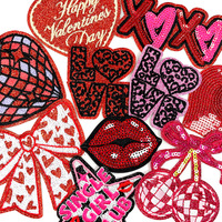 Patch brodé en forme de cœur pour la Saint-Valentin, avec nœud en cerise, paillettes, broderie LOVE, applique en forme de lèvres, nœud en paillettes XOXO pour les amoureux