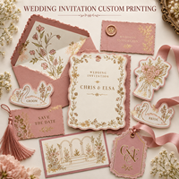 Ensemble d'invitations de mariage vintage rose poudré avec bordure florale dorée, impression personnalisée, kit de papeterie de mariage de luxe avec étiquettes