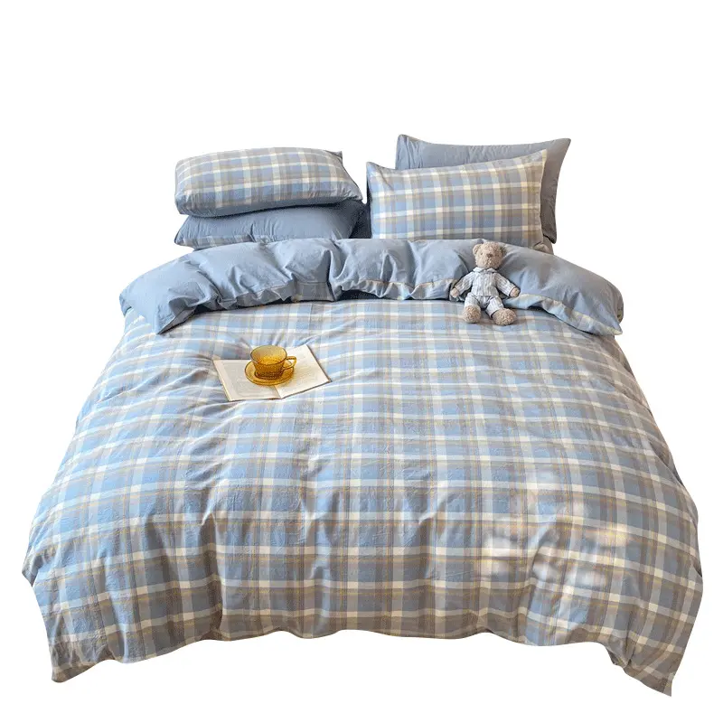 Sábana sencilla de algodón con estampado a cuadros para cama, funda de edredón, suave y cómoda, para el hogar, 4 piezas