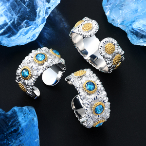 Feiner Schmuck Verstellbarer Weiß<span class=keywords><strong>gold</strong></span> 925 Sterling Silber Himmelblauer CZ Gänseblümchen Chrysanthemen Bandring für Männer und Frauen - Product Image 3
