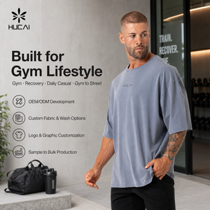 HUCAI T-shirt da uomo personalizzata con spalle scese, in cotone morbido lavato, casual, per allenamento sportivo, vestibilità oversize e ampia, per la <span class=keywords><strong>palestra</strong></span> - Product Image 3