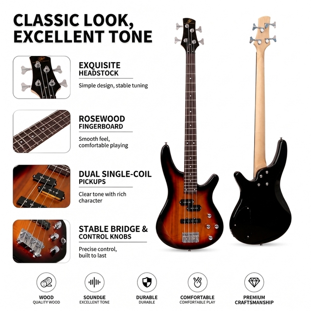 Swift Horse Professional 4 String Electric Bass Guitar Poplar Wood Body Custom Logo OEM for Beginners & Professional Players