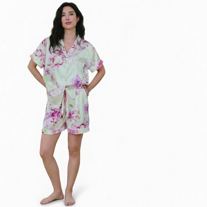 Conjunto de Pijama de Satén Floral para Mujer, Manga Corta, Ropa de Dormir de Verano, Cuello en V, Pantalones Cortos - Product Image 4