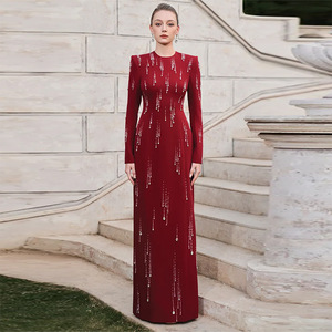 Vestidos Maxi <span class=keywords><strong>de</strong></span> Noche Elegantes y Formales <span class=keywords><strong>para</strong></span> <span class=keywords><strong>Mujer</strong></span>, <span class=keywords><strong>de</strong></span> Manga Larga, Color Rojo, con Pedrería, <span class=keywords><strong>de</strong></span> Lujo, al por Mayor, <span class=keywords><strong>de</strong></span> Fábrica, con Etiqueta Privada OEM Personalizada - Product Image 1