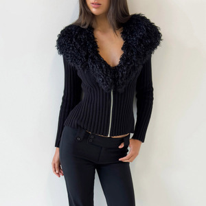 Suéteres de Punto Negros con <span class=keywords><strong>Cuello</strong></span> de Piel Sintética, Manga Larga y Cierre Frontal para Mujer, Suéteres de Punto Ajustados a la Moda - Product Image 2