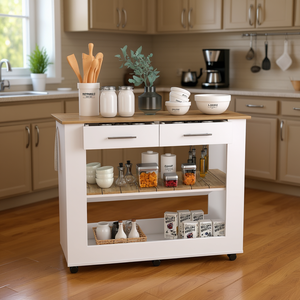 Delos Îlot de cuisine à six roulettes, deux tiroirs avec étagère inférieure ouverte Îlot blanc - Product Image 2