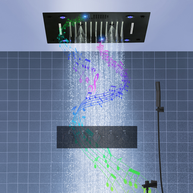 Black Surface Bluetooth Music Shower System 4 Function 16 Inch Rain Shower Set Thermostatic Bathroom Mixer Faucet Head Kit