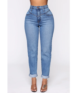 High Waist <strong>Turn</strong> <strong>up</strong> Hem Pants Fashion Washed Mom <strong>Jeans</strong> for Lady Straight Let <strong>Jean</strong> - Product Image 2