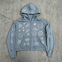 Sweat-shirt à capuche zippé épais, effet délavé vintage, imprimé intégral, style streetwear, motif bleu effet pulvérisé