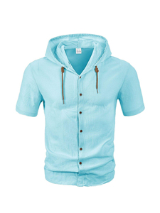 American linen <b>men's</b> shirt foreign trade fashion casual summer breathable thin hooded short-sleeved <b>cardigan</b> jacket - Product Image 6