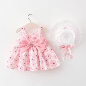 Vestido floral sin mangas para bebé niña con lazo grande y sombrero de paja a juego, conjunto de verano estilo A-Line mini adorable - Product Image 3