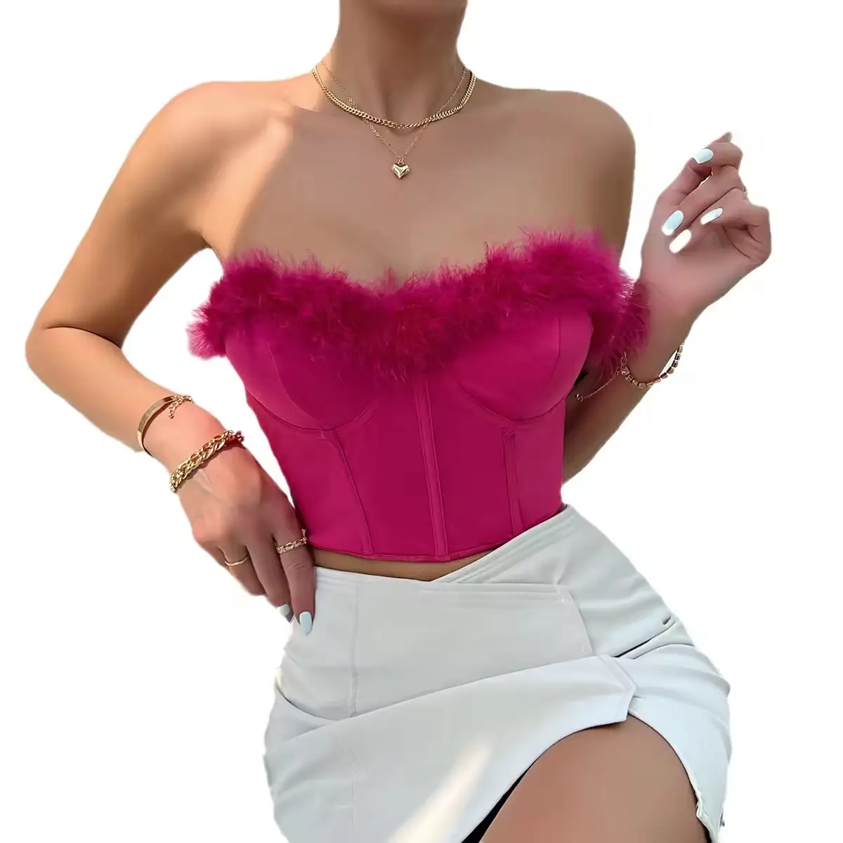 Bajo MOQ Sexy Desire Corset Fishbone Feathers Tassel Casual crop top para mujer