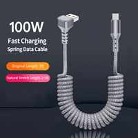 Câble USB-C enroulé à 90 degrés de 1,5 m, tressé extensible, cordon de charge rapide compatible CarPlay pour utilisation en voiture Android, en cuivre pur