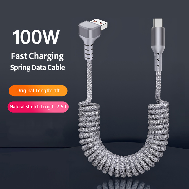 1.5m 90 Degree Coiled USB-C Cable Stretchable Braided Fast Charging Cord with CarPlay Compatible for Android Car Use Pure Copper