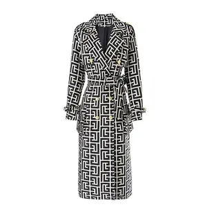 Printed Coat New Women&#39;s Loose Plaid Fit Lace-up Spring and Fall Woven Long Winter Polyester Lining Heavy Black and White