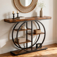 Table console en bois avec 3 étagères, structure ronde en métal, étagère de rangement, design horizontal sans dossier, autoportante