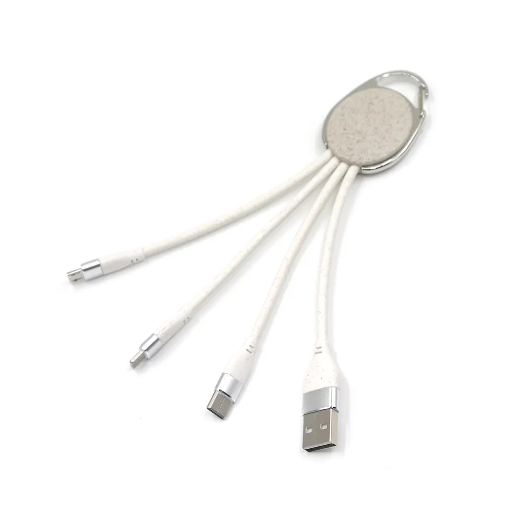 الترويجية و الهدايا التجارية المحمولة 2A مخصصة العالمي USB شحن صديقة للبيئة قش القمح 3 في 1 كابل يو إس بي وميدالية مفاتيح