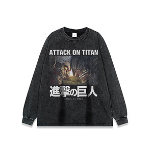 Maglietta a Maniche Lunghe Personalizzata Nera 300 Grammi 100% Cotone Lavaggio Acido con Grafica JoJo's Bizarre Adventure L'Attacco dei Giganti Anime per Uomo - Product Image 6