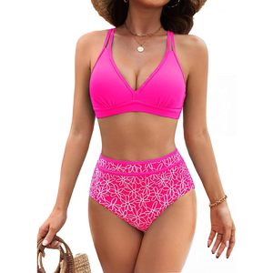 Traje de Baño de Dos Piezas FOXA para Mujer, Cintura Alta, Control de Abdomen, Escote en V Profundo, Estampado Floral, Spandex y Poliéster - Product Image 1