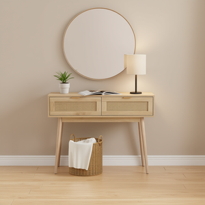 Consolle in Rattan Naturale con 2 Cassetti Scorrevoli, Arredamento Moderno Scandinavo per Ingresso e Soggiorno - Product Image 2