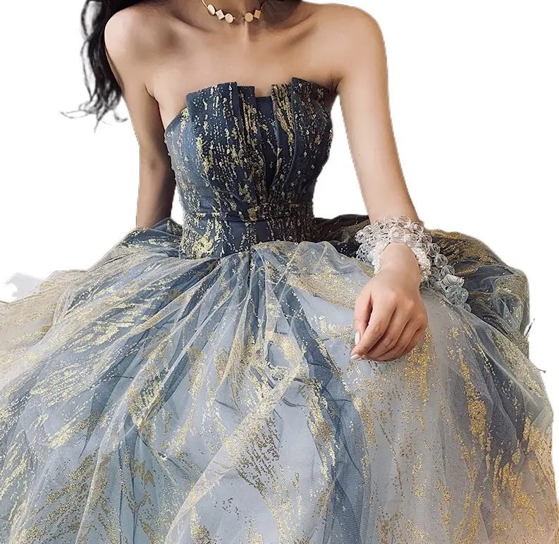 Blue tulle long ball gown dress Quality Costume Factory Directly Selling Multi Color Plain Dyed New in 2022 Satin Dress Women