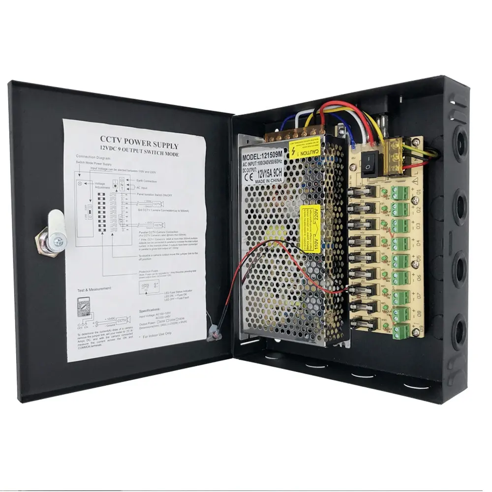 black color box 12v180w 9 channels camera power supply 12v 15a power supply cctv power 9 output box