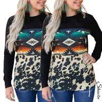 2022 Herbst Winter Kleidung Western Aztec Cow Print Strick Frauen Tops Loose T Shirt Langarm Shirt