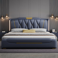 Lit en cuir gris haut de gamme italien, lit king-size moderne avec rangement luxueux, cadre de lit minimaliste en bois éclairé, ensemble de lit queen-size