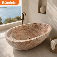 Baignoire ovale autoportante en marbre rose saumon, pierre veinée naturelle sculptée à la main, unique pour villas, spas et centres de villégiature tropicaux
