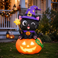Décoration de fête d'Halloween pour extérieur et jardin : Chat noir gonflable avec citrouille et chapeau de sorcière, éclairage LED