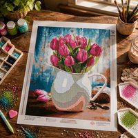 DIY Lukisan Bunga Custom Handpainted Paint by Numbers Mix Diamond Painting Set dengan Bingkai Kayu 40x50cm untuk Dewasa & Anak-Anak