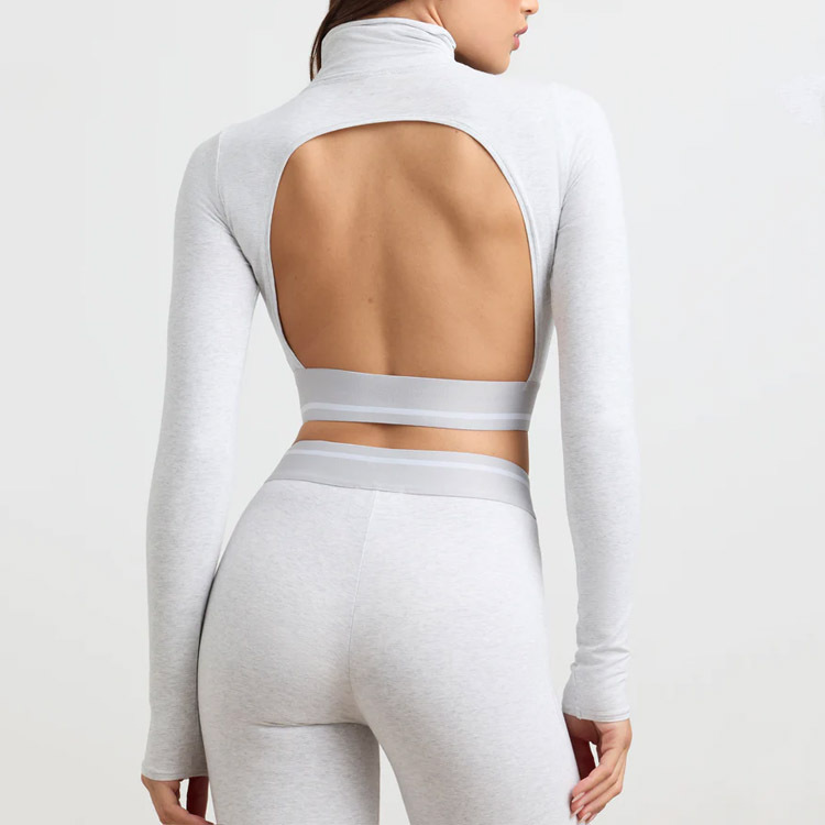 Hot Sale Women's Long Sleeve Yoga Crop Top Sexy Open Back Turtle Neck Sports Shirt Lightweight Cotton Jersey Stretchy Breathable