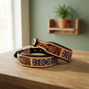 Manufacturer's Highest Quality Eco-Friendly Cow Leather <b>Dog</b> <b>Collar</b> Solid Pattern Soft Padded <b>Beaded</b> Hand Carved Customized - Product Image 3