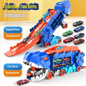 Set de Juguetes de Dinosaurios, Coche Transformable de Tiranosaurio Rex con Pista, Acción de Lanzamiento y Mordida, Vehículos de Aleación con Retroceso - Product Image 1