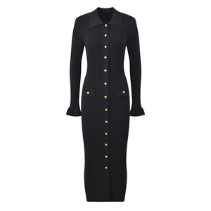 Nuevas llegadas de primavera 2026: Vestido maxi de punto de alta calidad para mujer con mangas largas acampanadas, elegante y casual. - Product Image 3