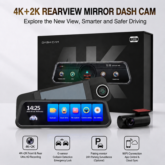 4K+2K IPS Touch Screen Mirror Dashcam Car 2-Camera Loop Recording ADAS Night Vision Video Recorder Dash Cam BSD Car Black Box