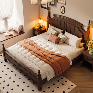 Lit en bois massif de style rétro américain, lit plateforme double de 1,8 m, couleur noyer, style français et d'Asie du Sud-Est, meubles de chambre à coucher - Product Image 1