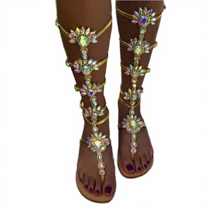 Maker Cheap Wholesale Big Size Summer Flat Thong Flipflop Knee High Gladiator Crystal Light Weight Breathable - Product Image 3