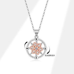Vintage Trendy Copper Micro Insert Zircon Rotating Rose Flower Pendant Anti Anxiety Compass <b>Locket</b> Necklace for Women Party - Product Image 1