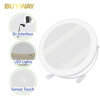 Miroir de maquillage rond blanc avec anneau lumineux intégré et support inclinable en U, miroir de vanité LED de table avec touche tactile ronde