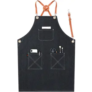 Wholesale men bbq denim apron tool chef butchers barber apron with leather straps